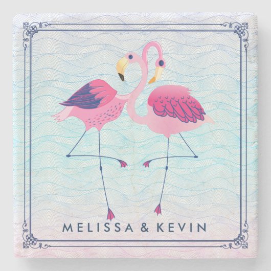 Flamingos op Abstracte  strand watergolven Stenen Onderzetter (Voorkant)