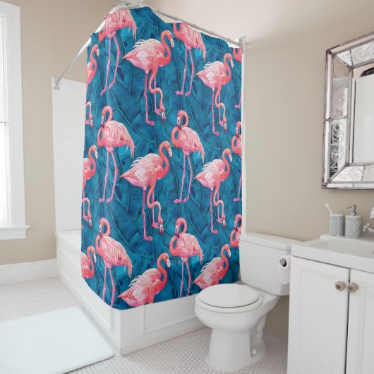 Flamingos op blauw banaanblad douchegordijn (In situ)