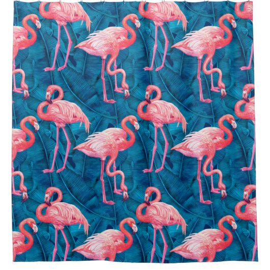 Flamingos op blauw banaanblad douchegordijn (Voorkant)