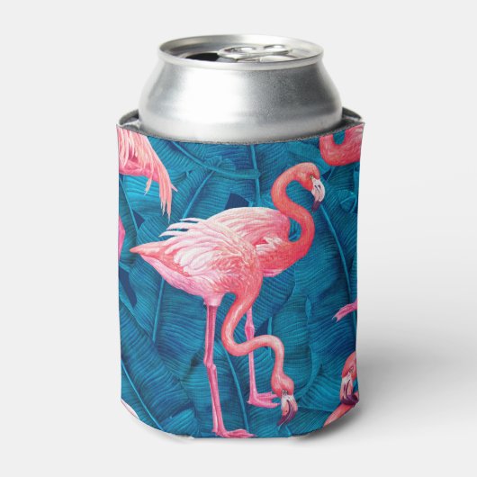 Flamingos op blauwe bananenbladeren blikjeskoeler (Blikje Voorkant)