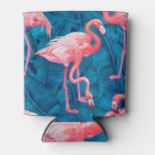 Flamingos op blauwe bananenbladeren blikjeskoeler (Voorkant)