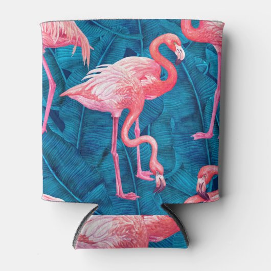Flamingos op blauwe bananenbladeren blikjeskoeler (Voorkant)