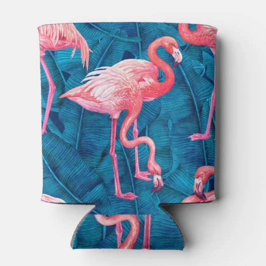 Flamingos op blauwe bananenbladeren blikjeskoeler (Achterkant)