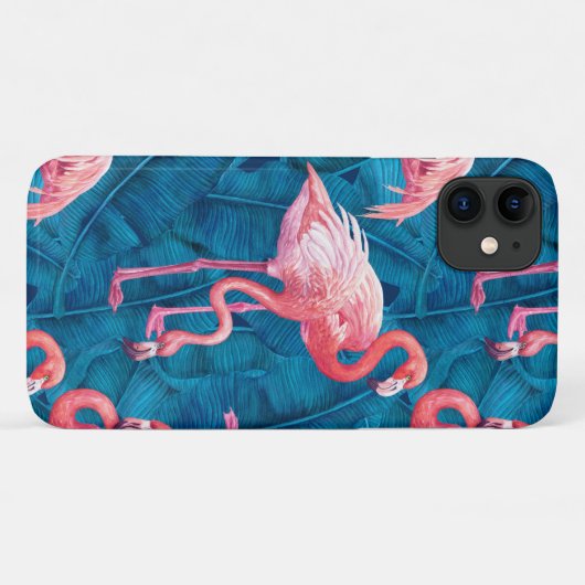 Flamingos op blauwe bananenbladeren Case-Mate iPhone case (Achterkant (horizontaal))