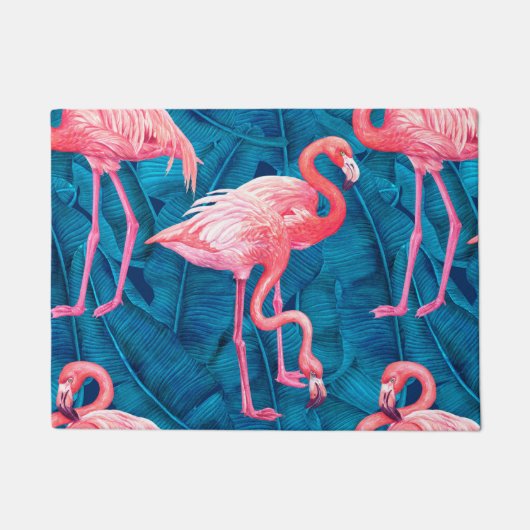 Flamingos op blauwe bananenbladeren deurmat (Voorkant)
