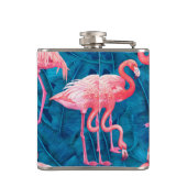 Flamingos op blauwe bananenbladeren heupfles (Achterkant)