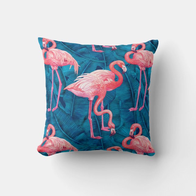 Flamingos op blauwe bananenbladeren kussen (Voorkant)