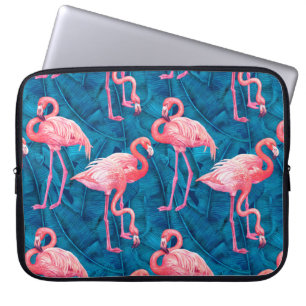 Flamingo's op blauwe bananenbladeren laptop sleeve