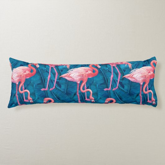 Flamingos op blauwe bananenbladeren lichaamskussen (Voorkant)