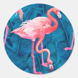 Flamingos op blauwe bananenbladeren ronde sticker