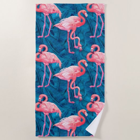 Flamingos op blauwe bananenbladeren strandlaken (Voorkant)