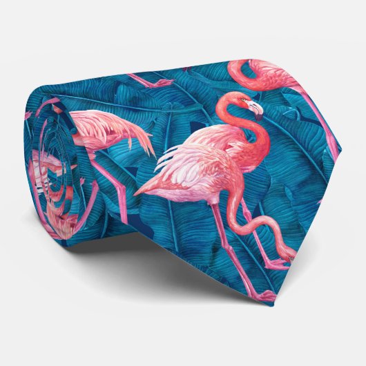 Flamingos op blauwe bananenbladeren stropdas (Opgerold)