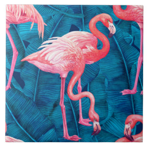 Flamingos op blauwe bananenbladeren tegeltje