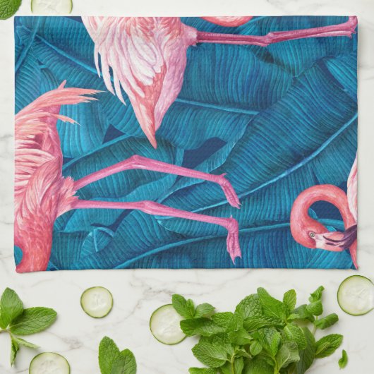 Flamingos op blauwe bananenbladeren theedoek (Gevouwen)