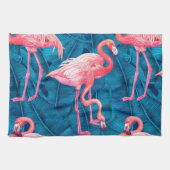 Flamingos op blauwe bananenbladeren theedoek (Horizontaal)