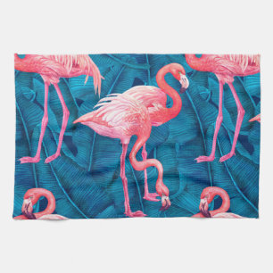 Flamingos op blauwe bananenbladeren theedoek