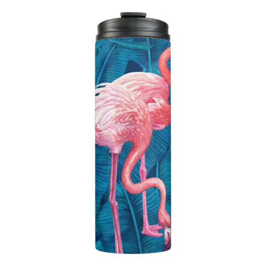 Flamingos op blauwe bananenbladeren thermosbeker (Voorkant)