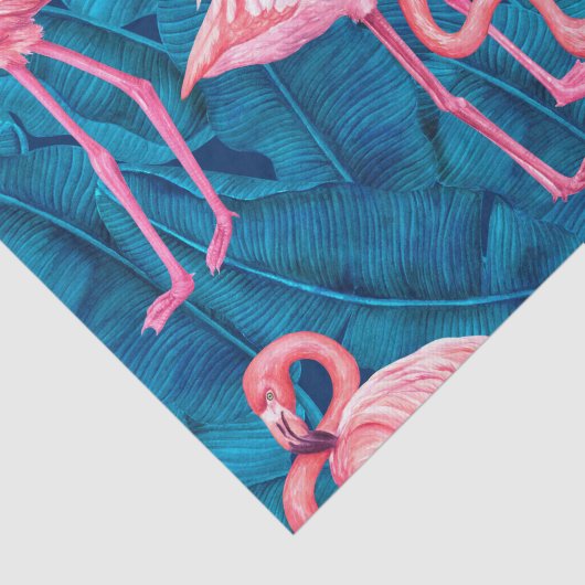 Flamingos op blauwe bananenbladeren tissuepapier (Detail)