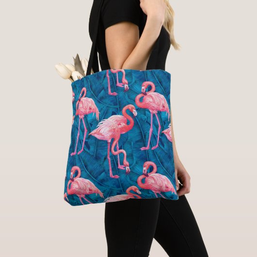 Flamingos op blauwe bananenbladeren tote bag (Dichtbij)
