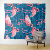 Flamingos op blauwe bananenbladeren wandkleed (In Situ (horizontaal))