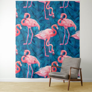 Flamingos op blauwe bananenbladeren wandkleed