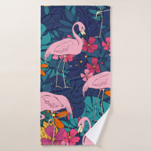 Flamingos op een achtergrond van tropische bladere badhanddoek