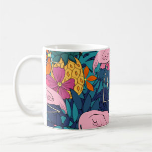 Flamingos op een achtergrond van tropische bladere koffiemok