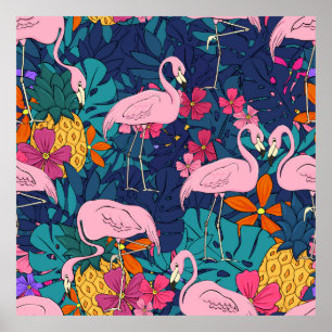 Flamingos op een achtergrond van tropische bladere poster