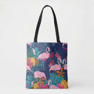 Flamingos op een achtergrond van tropische bladere tote bag