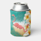Flamingos op een Blauwgroen Tropisch Beach-ontwerp Blikjeskoeler (Blikje Achterkant)