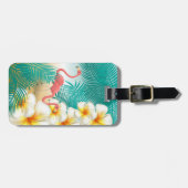 Flamingos op een Blauwgroen tropisch strand Bagagelabel (Voorkant horizontaal)
