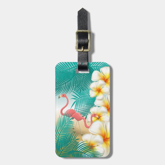 Flamingos op een Blauwgroen tropisch strand Bagagelabel (Voorkant verticaal)