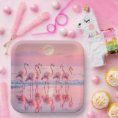 Flamingo's op een roze strand papieren bordje (Feest)