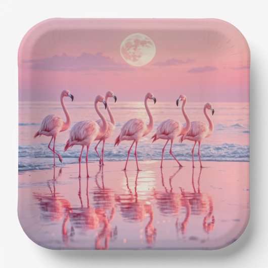 Flamingo's op een roze strand papieren bordje (Voorkant)