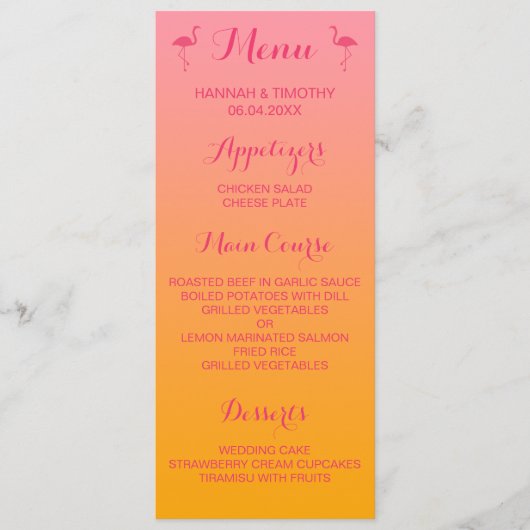 Flamingos op het menu Roze en Oranje tropische bru (Voorkant)