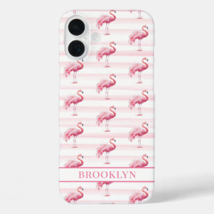 Flamingo's op waterverfstrepen met monogram iPhone 16 plus hoesje