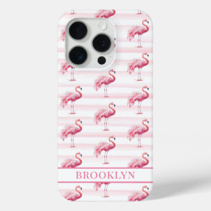 Flamingo's op waterverfstrepen met monogram iPhone 15 pro case