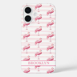 Flamingo's op waterverfstrepen met monogram iPhone 16 hoesje