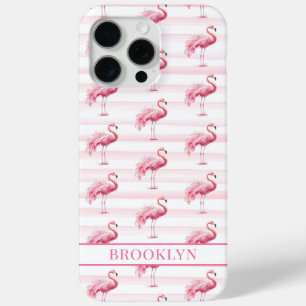 Flamingo's op waterverfstrepen met monogram iPhone 15 pro max hoesje