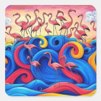 Flamingo's op zee, sticker 1.5x1.5 inch, vel van 2
