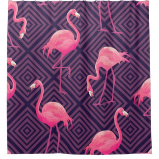 flamingo's, paarse geometrische achtergrond. douchegordijn