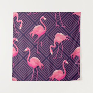 flamingo's, paarse geometrische achtergrond. wandkleed