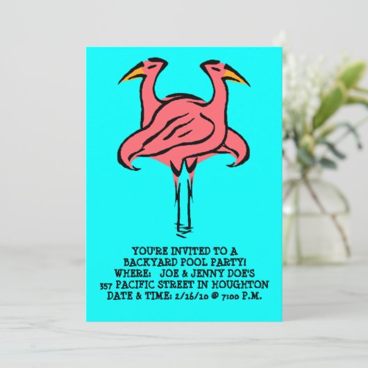 FLAMINGOS ~POOL PARTY INVITATION ~ EZ OM AAN TE PA KAART (Staand voorkant)