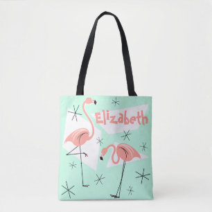 Flamingos Retro Green Name in de hele canvas tas