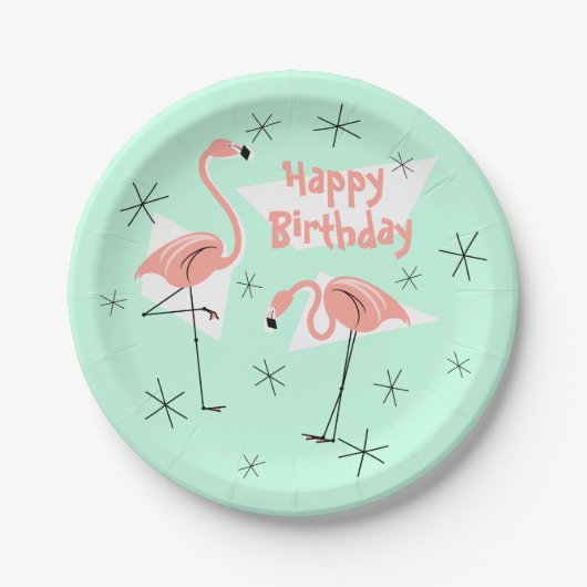 Flamingo's Retro Groen Gelukkige Verjaardag Papieren Bordje (Voorkant)