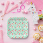 Flamingo's Retro Groen Multi vierkant Papieren Bordje (Feest)