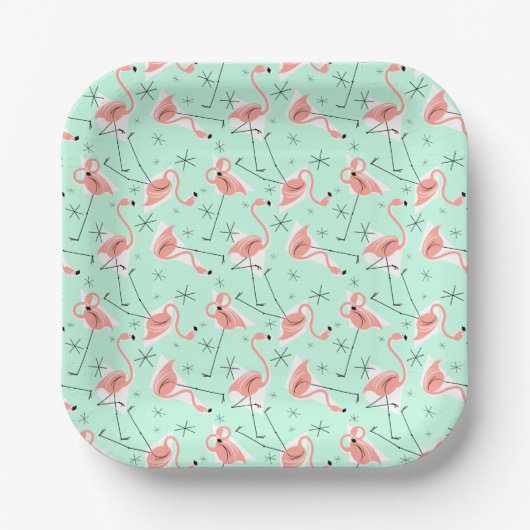 Flamingo's Retro Groen Multi vierkant Papieren Bordje (Voorkant)