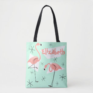 Flamingos Retro Groene Naam koraal check back Tote Bag