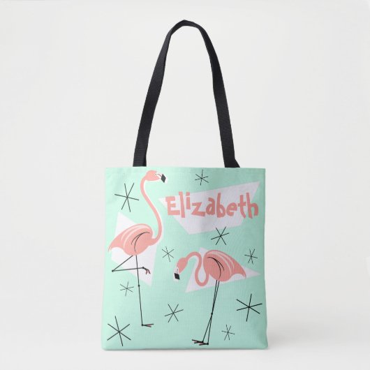 Flamingos Retro Groene Naam koraal check back Tote Bag (Voorkant)