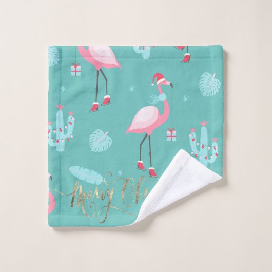 Flamingos Santa Hat Cadeaus Snowflakes Bad Handdoek (Wasdoekje)